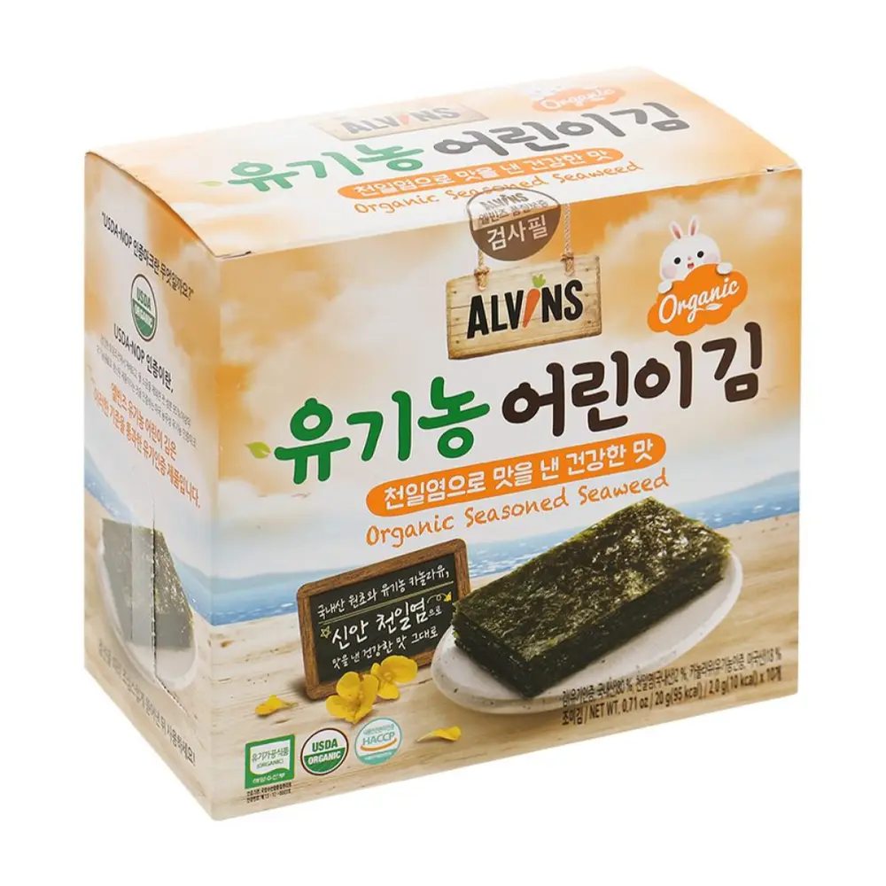 Rong Biển Cho Bé, Organic Seasoned Seaweed, 12+ Tháng, 10 Gói, 0.71 oz (20g) - ALVINS